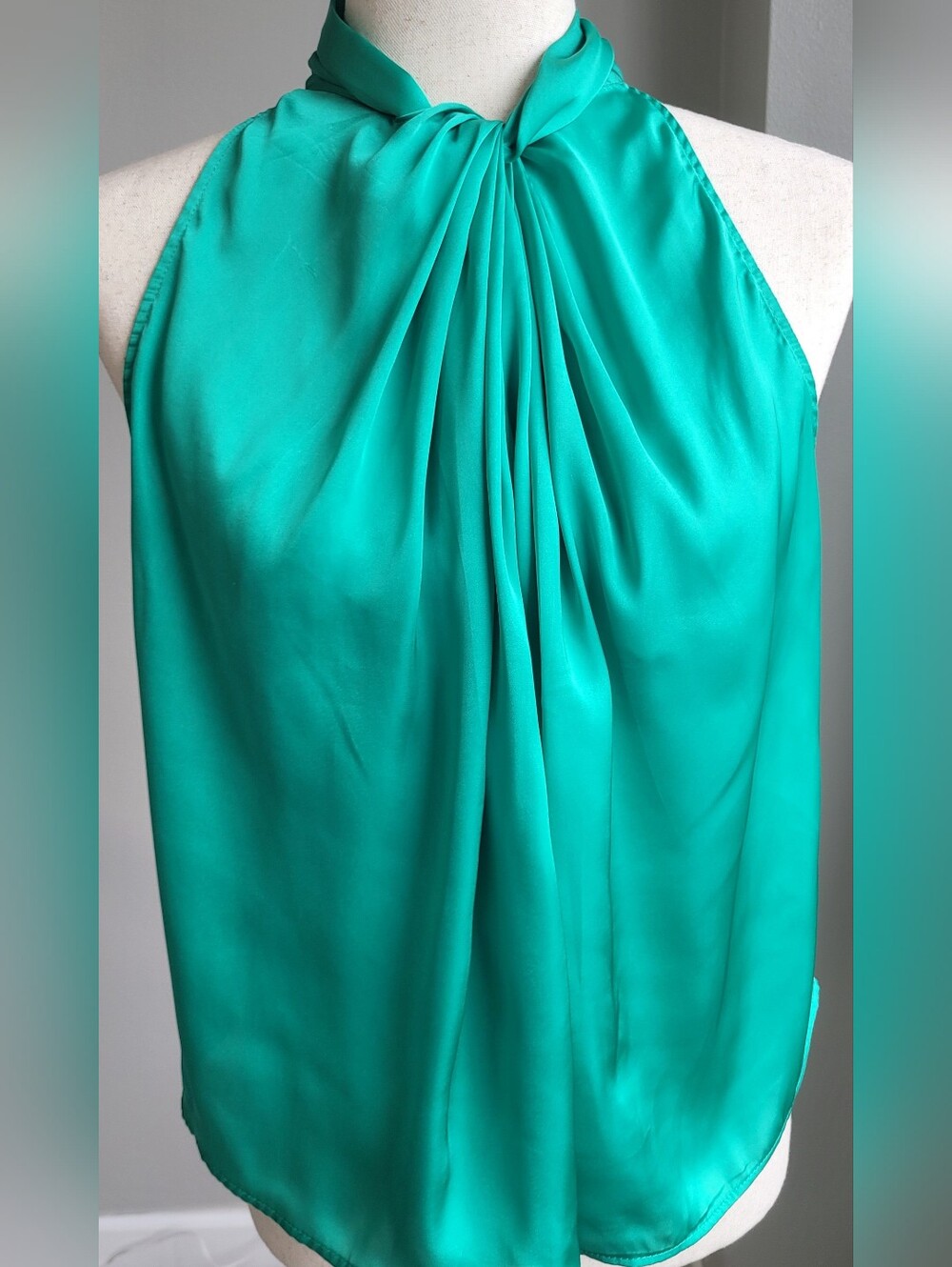 Zara Emerald Green Satin Halter Blouse M Draped Scarf Neck Top Teal